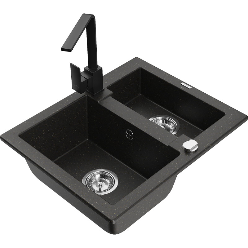 Mexen Carlos 1.5-bowl granite sink with Rita kitchen faucet, black/gold metallic - 6518-75-670300-70