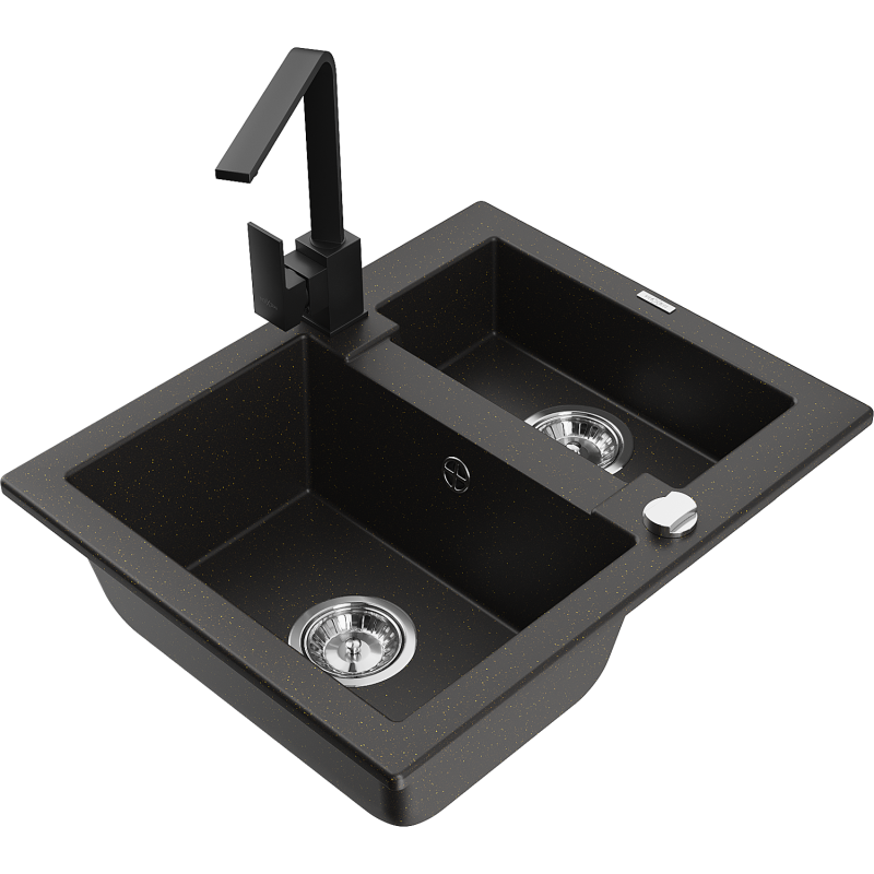 Mexen Carlos 1.5-bowl granite sink with Rita kitchen tap, black/golden metallic - 6518-75-670300-70