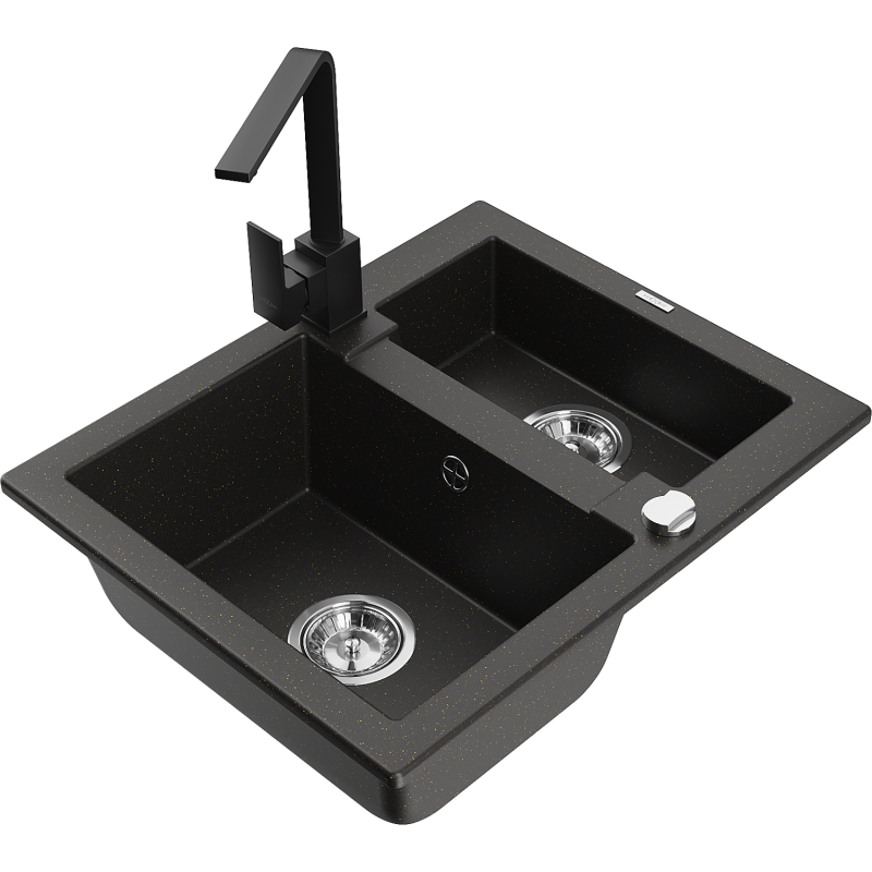 Mexen Carlos 1,5-compartment granite sink with a kitchen mixer tap Rita, Black/Gold metallic - 6518-75-670300-70