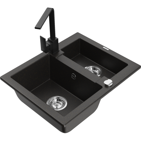 Mexen Carlos 1.5-bowl granite sink with Rita kitchen tap, black/golden metallic - 6518-75-670300-70