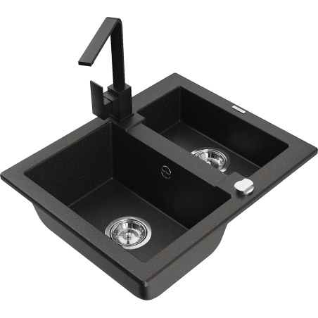 Mexen Carlos 1,5-compartment granite sink with a kitchen mixer tap Rita, Black/Gold metallic - 6518-75-670300-70