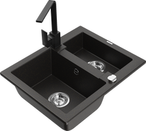 Mexen Carlos 1.5-bowl granite sink with Rita kitchen faucet, black/gold metallic - 6518-75-670300-70