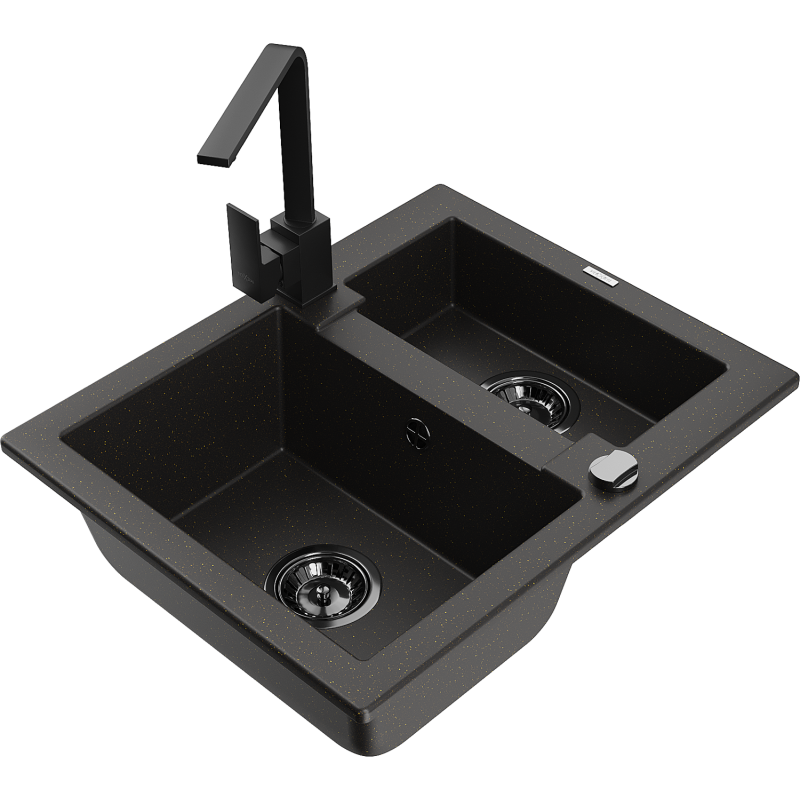 Mexen Carlos 1,5-compartment granite sink with a kitchen mixer tap Rita, Black/Gold metallic - 6518-75-670300-70-B
