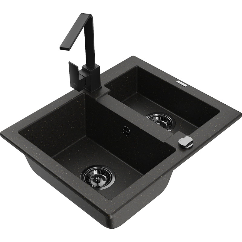 Mexen Carlos granite sink 1.5-bowl with Rita kitchen faucet, black/gold metallic - 6518-75-670300-70-B