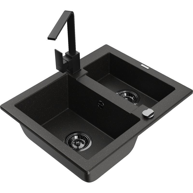 Mexen Carlos granite sink 1.5-bowl with Rita kitchen tap, black/gold metallic - 6518-75-670300-70-B