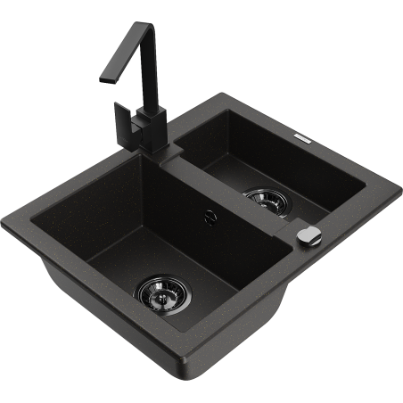 Mexen Carlos granite sink 1.5-bowl with Rita kitchen faucet, black/gold metallic - 6518-75-670300-70-B