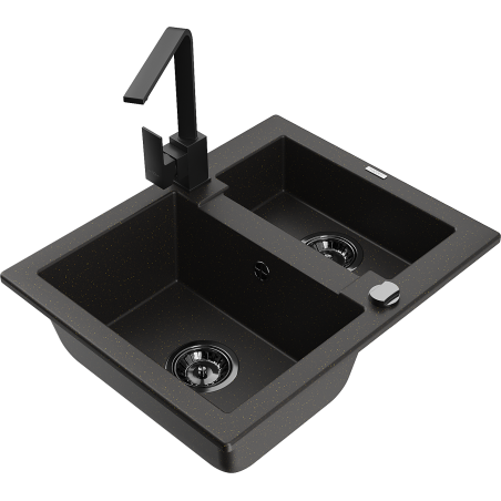 Mexen Carlos granite sink 1.5-bowl with Rita kitchen tap, black/gold metallic - 6518-75-670300-70-B
