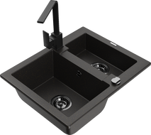 Mexen Carlos 1,5-compartment granite sink with a kitchen mixer tap Rita, Black/Gold metallic - 6518-75-670300-70-B