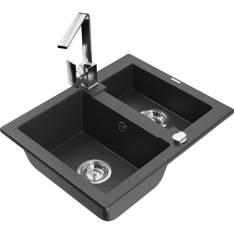 Mexen Carlos granite sink 1.5-bowl with Rita kitchen tap, speckled black - 6518-76-670300-00