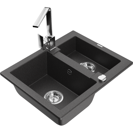 Mexen Carlos granite kitchen sink 1.5-bowl with Rita kitchen faucet, black speckled - 6518-76-670300-00