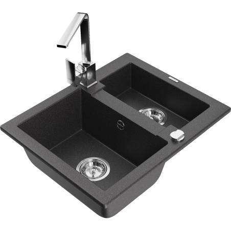 Mexen Carlos granite sink 1.5-bowl with Rita kitchen tap, speckled black - 6518-76-670300-00