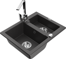 Mexen Carlos granite sink 1.5-bowl with kitchen faucet Rita, black speckled - 6518-76-670300-00