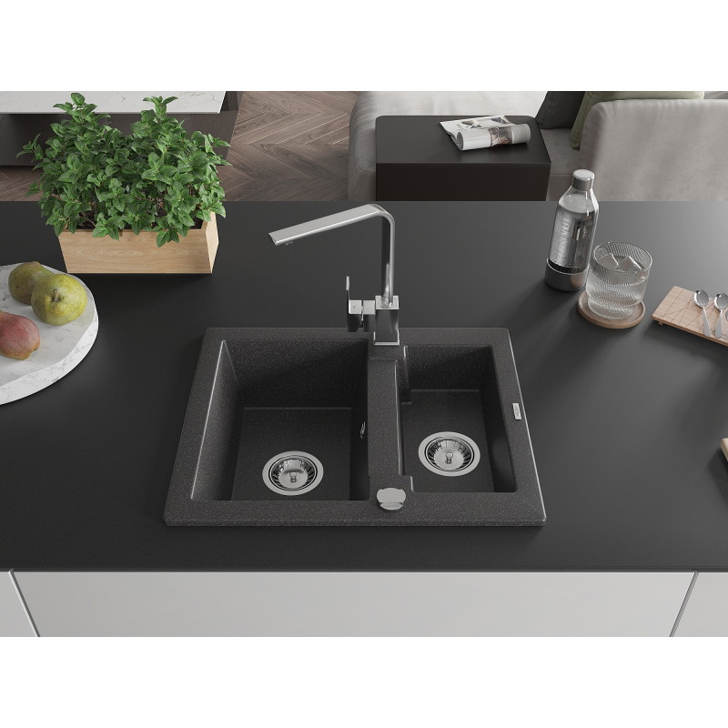 Mexen Carlos granite kitchen sink 1.5-bowl with Rita kitchen faucet, black speckled - 6518-76-670300-00
