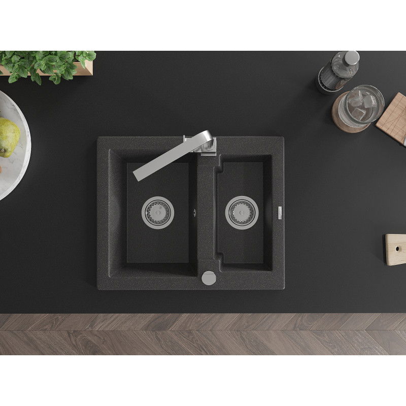 Mexen Carlos granite sink 1.5-bowl with Rita kitchen tap, speckled black - 6518-76-670300-00