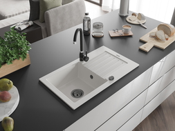 Mexen Pablo granite 1-bowl sink with drainer and Telma kitchen tap, white - 6510-20-670200-70