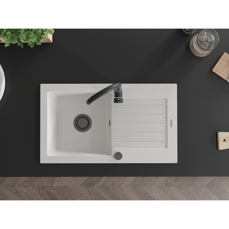 Mexen Pablo 1-bowl granite sink with drainer and Telma kitchen faucet, white - 6510-20-670200-70