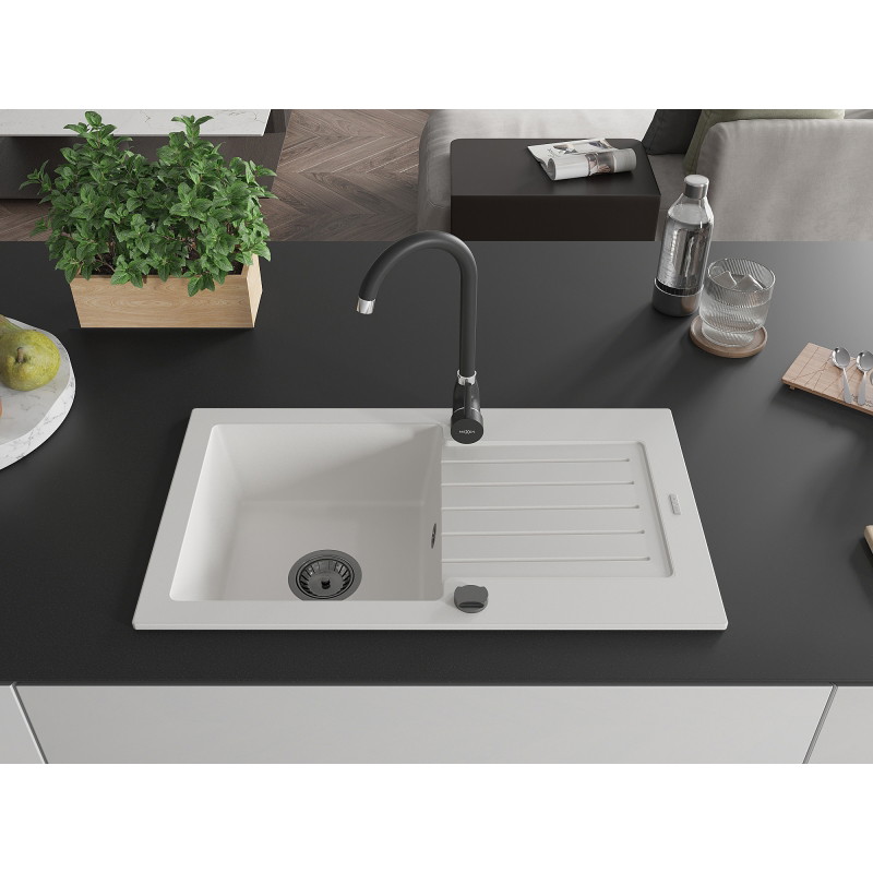Mexen Pablo 1-bowl granite sink with drainer and Telma kitchen faucet, white - 6510-20-670200-70