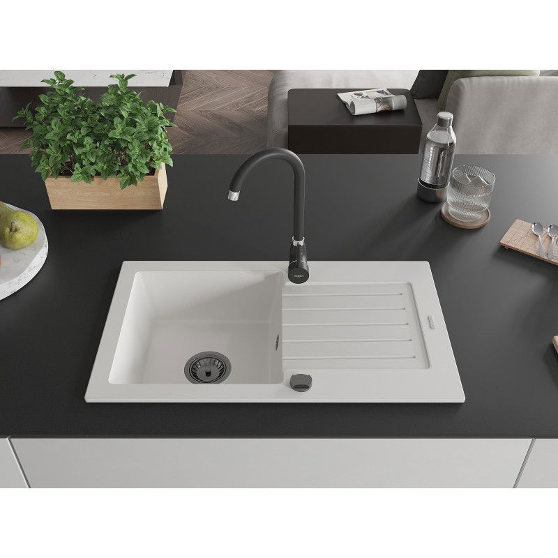 Mexen Pablo granite 1-bowl sink with drainer and Telma kitchen tap, white - 6510-20-670200-70