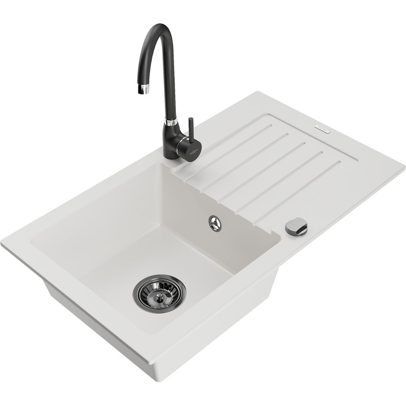 Mexen Pablo 1-bowl granite kitchen sink with drainer and Telma faucet, white - 6510-20-670200-70