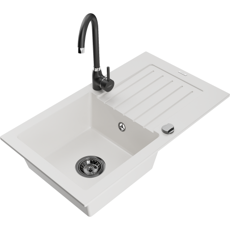 Mexen Pablo 1-bowl granite kitchen sink with drainer and Telma faucet, white - 6510-20-670200-70