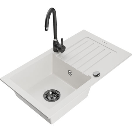 Mexen Pablo 1-compartment granite sink with a drip tray and kitchen mixer tap Telma, White - 6510-20-670200-70