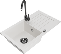 Mexen Pablo 1-bowl granite kitchen sink with drainer and Telma faucet, white - 6510-20-670200-70