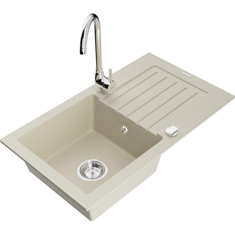 Mexen Pablo granite 1-bowl kitchen sink with drainer and Telma kitchen faucet, beige - 6510-69-670200-00
