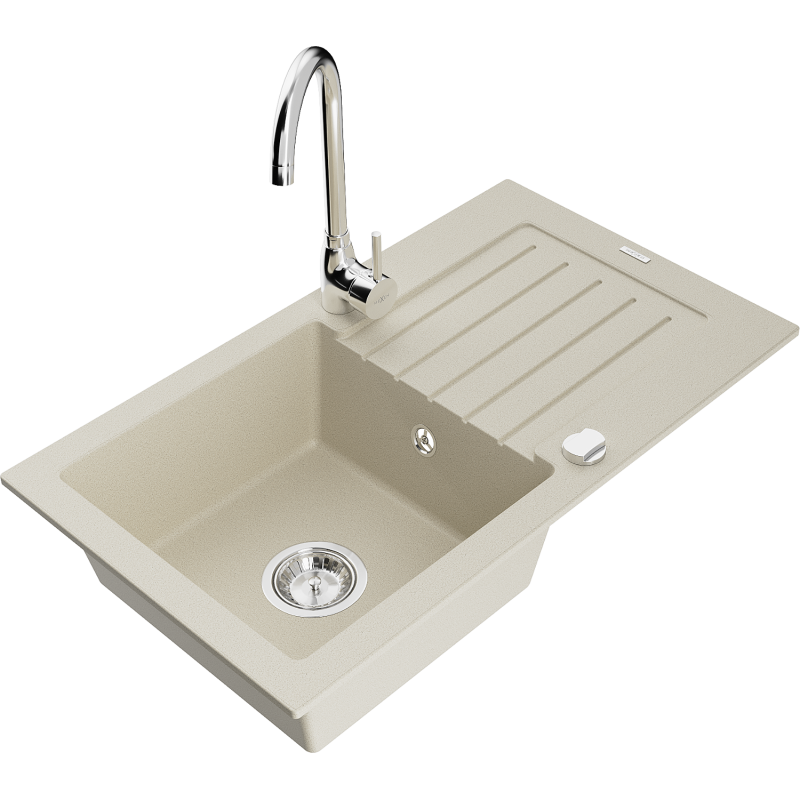 Mexen Pablo granite sink 1-bowl with drainer and Telma kitchen tap, beige - 6510-69-670200-00