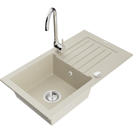 Mexen Pablo 1-compartment granite sink with a drip tray and kitchen mixer tap Telma, Beige - 6510-69-670200-00