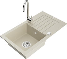 Mexen Pablo 1-compartment granite sink with a drip tray and kitchen mixer tap Telma, Beige - 6510-69-670200-00