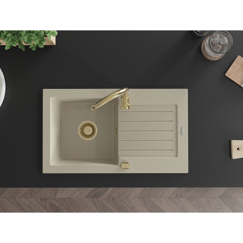 Mexen Pablo 1-bowl granite sink with drainer and Telma kitchen faucet, beige - 6510-69-670200-50
