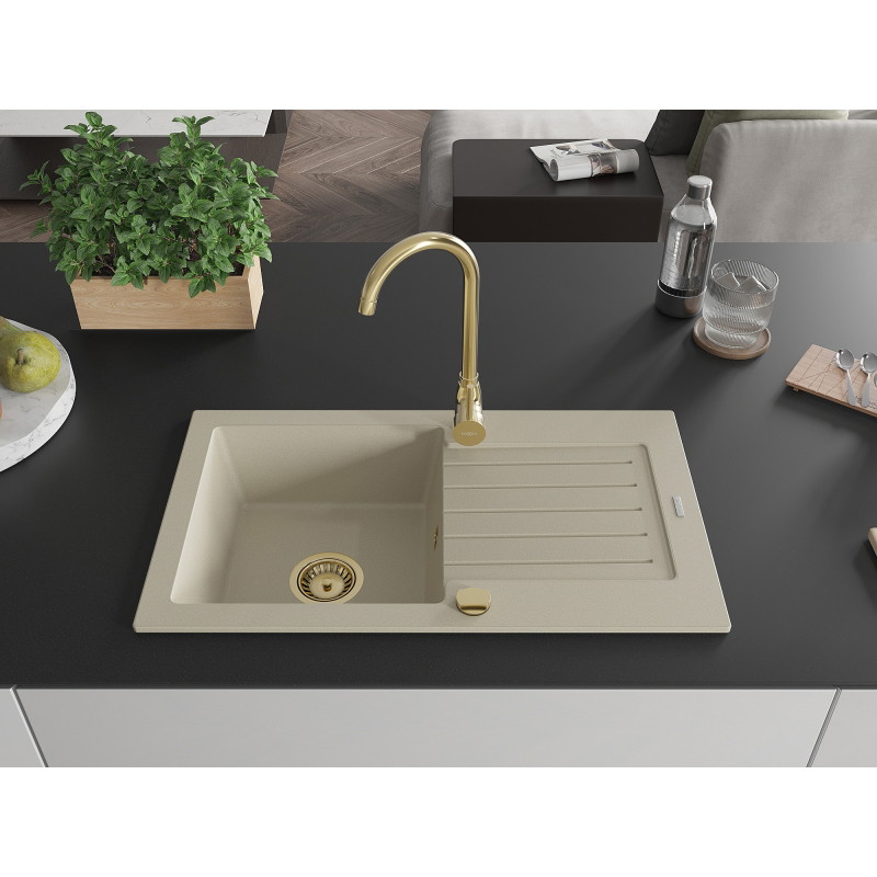 Mexen Pablo granite sink 1-bowl with drainer and Telma kitchen faucet, beige - 6510-69-670200-50