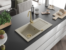 Mexen Pablo 1-compartment granite sink with a drip tray and kitchen mixer tap Telma, Beige - 6510-69-670200-50