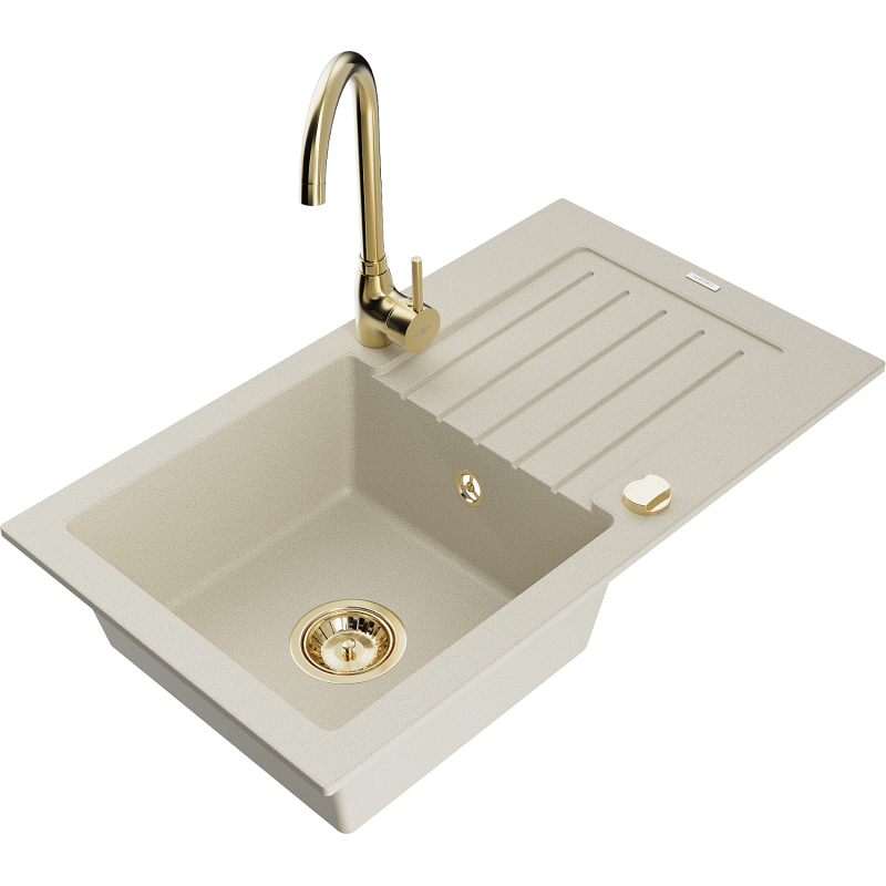 Mexen Pablo 1-compartment granite sink with a drip tray and kitchen mixer tap Telma, Beige - 6510-69-670200-50