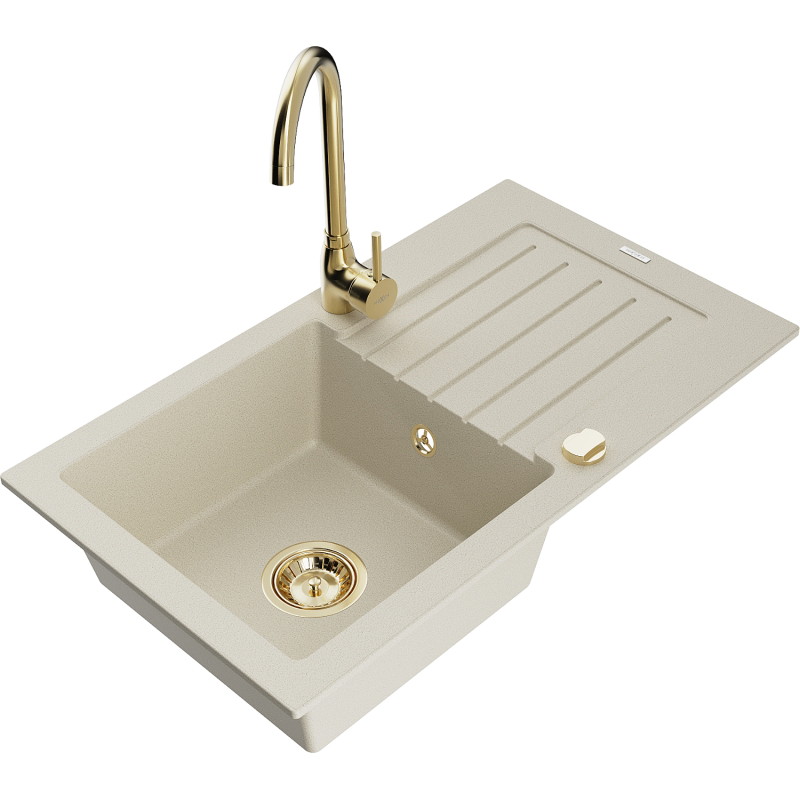 Mexen Pablo granite sink 1-bowl with drainer and Telma kitchen faucet, beige - 6510-69-670200-50