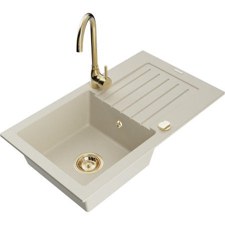 Mexen Pablo 1-bowl granite kitchen sink with drainer and Telma kitchen tap, beige - 6510-69-670200-50
