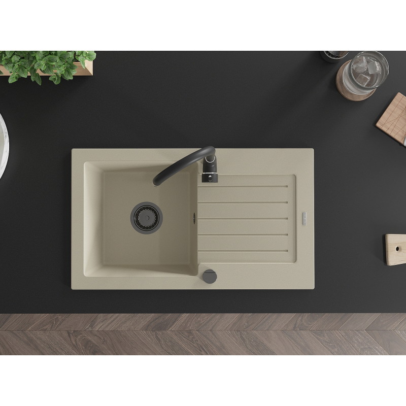 Mexen Pablo granite kitchen sink 1-bowl with drainer and kitchen faucet Telma, beige - 6510-69-670200-70