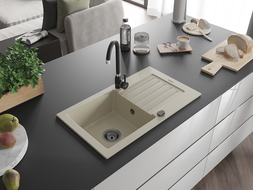 Mexen Pablo granite sink 1-bowl with drainer and Telma kitchen faucet, beige - 6510-69-670200-70