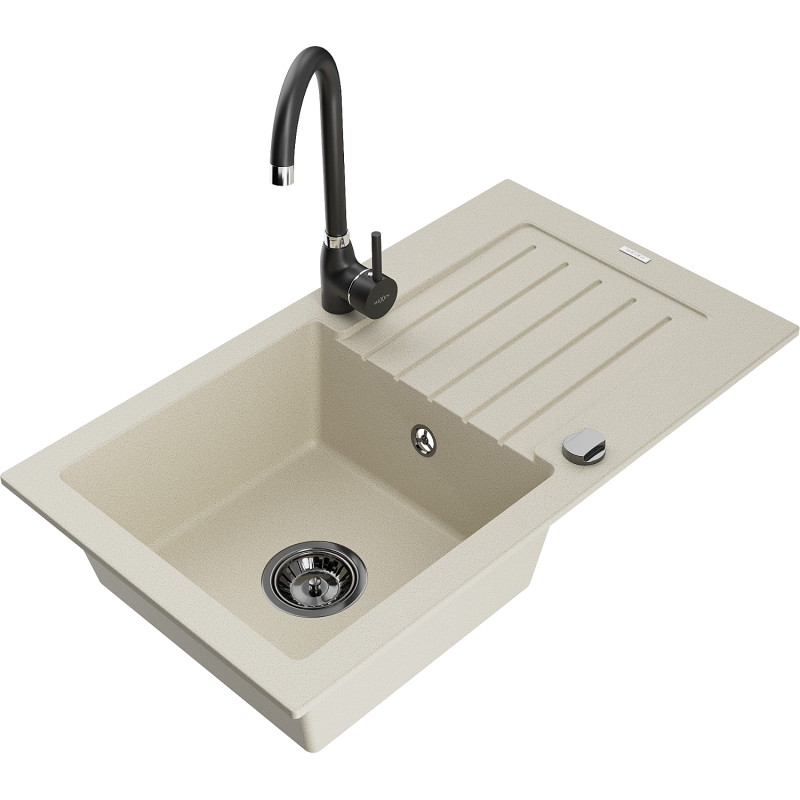 Mexen Pablo granite kitchen sink 1-bowl with drainer and kitchen faucet Telma, beige - 6510-69-670200-70