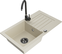 Mexen Pablo granite sink 1-bowl with drainer and Telma kitchen faucet, beige - 6510-69-670200-70