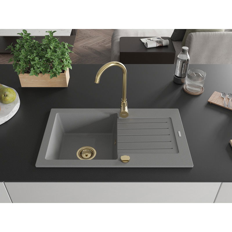 Mexen Pablo 1-bowl granite sink with drainer and Telma kitchen tap, grey - 6510-71-670200-50