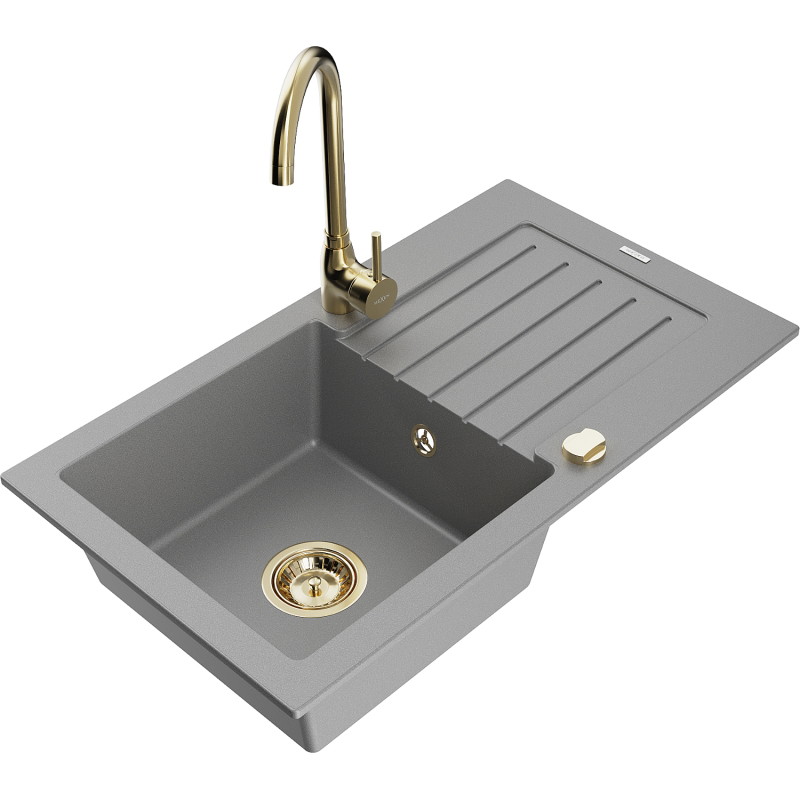 Mexen Pablo 1-bowl granite kitchen sink with drainer and Telma faucet, gray - 6510-71-670200-50