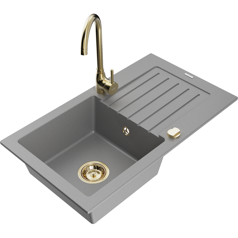 Mexen Pablo 1-bowl granite sink with drainer and Telma kitchen tap, grey - 6510-71-670200-50