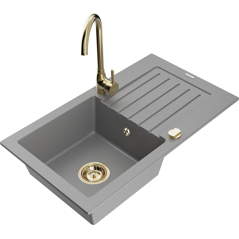 Mexen Pablo granite sink 1-bowl with drainer and kitchen faucet Telma, gray - 6510-71-670200-50