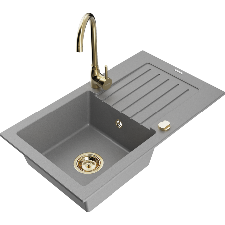 Mexen Pablo 1-bowl granite sink with drainer and Telma kitchen tap, grey - 6510-71-670200-50