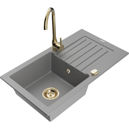Mexen Pablo granite sink 1-bowl with drainer and kitchen faucet Telma, gray - 6510-71-670200-50