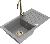 Mexen Pablo granite kitchen sink 1-bowl with drainer and Telma kitchen faucet, gray - 6510-71-670200-50