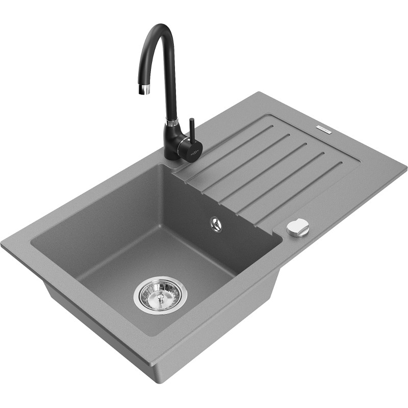 Mexen Pablo granite 1-bowl kitchen sink with drainer and Telma faucet, gray - 6510-71-670200-70