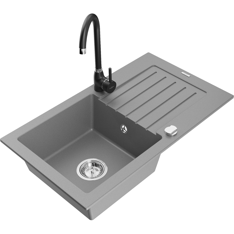 Mexen Pablo granite kitchen sink 1-bowl with drainer and Telma kitchen faucet, gray - 6510-71-670200-70