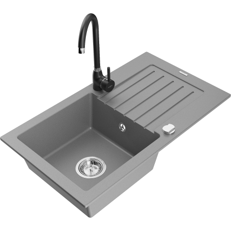 Mexen Pablo 1-bowl granite sink with drainer and Telma kitchen tap, grey - 6510-71-670200-70
